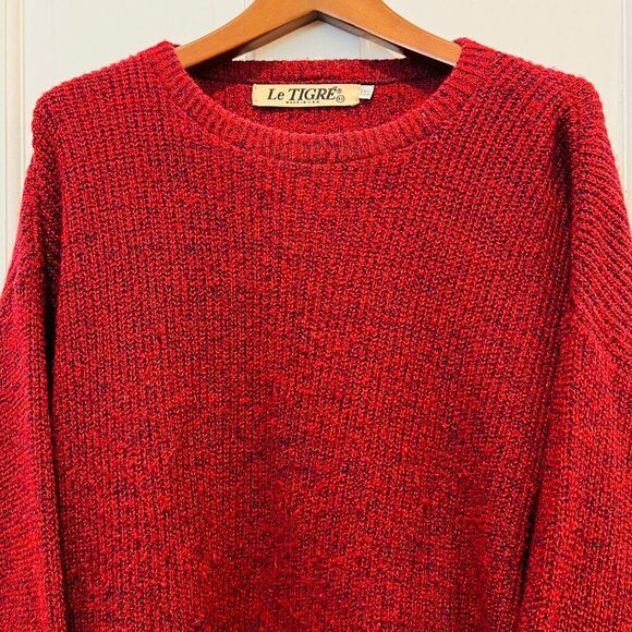 Vintage 80 Le Tigre XL Sweater Red Blue Made in USA Hipster Mens Crew Neck - Picture 9 of 16